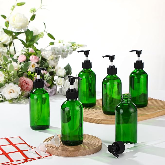 Tanlade 24 Pcs 8 oz Glass Pump Bottle Empty Bottle Glass Soap Dispenser with Pump Refillable Containers and Labels Funnels for Essential Oils Cleaning Products Lotions Conditioner(Green)