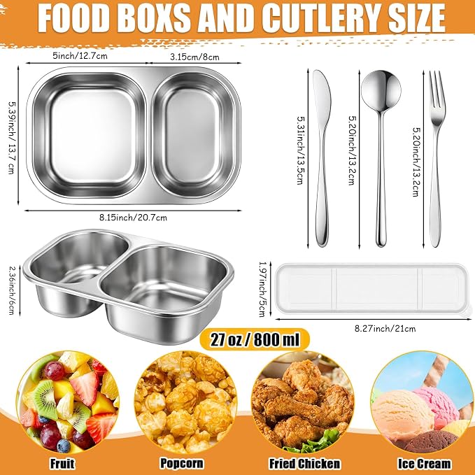 36 Pcs Stainless Steel Snack Containers Set with Fork, Knife, Spoon & Chopsticks – 6 Pack 27 oz Leakproof Bento Snack Boxes, 2-compartment Food Storage Container for Snacks, Fruits, Meal Prep & Travel