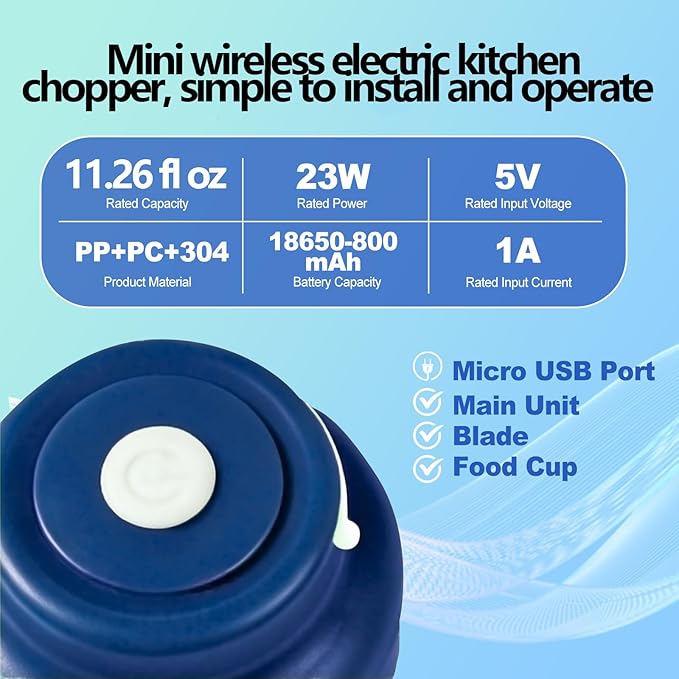 Kuars Gvni Garlic Chopper Wireless Electric Garlic Mixer with Press High-Speed Blending 11.26oz Rechargeable Portable Blender for Kitchen (Blue)