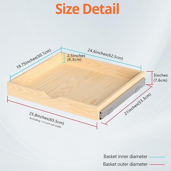 ZOINLIY 27''W X 21''D X 3''H Wooden Pull Out Drawer for Cabinet, Cabinet Organizer for Kitchen, Soft Close Slide Out Shelves, Heavy Duty, Fully Expandable - Bottom Mounting