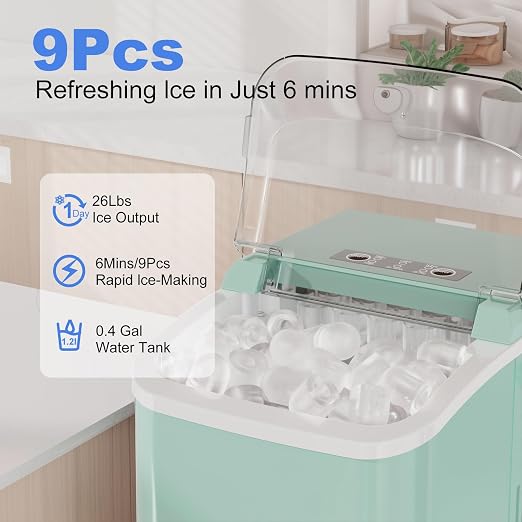 NEWBULIG Countertop Ice Maker Machine with Handle, Portable Bullet Ice Maker Produces 9 Cubes in 6 Minutes, 26 lbs per 24 Hours, Includes Basket & Scoop, for Home Kitchen RV Camping Party, Green