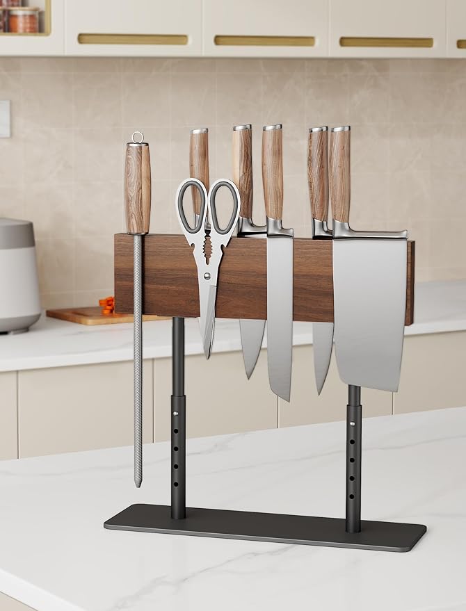 NiHome Acacia Wood Knife Block, Adjustable Height Magnetic Stand (8.66–11.81 in), Double-Sided Knife Storage, Thick Metal Base with Non-Slip Pads for Kitchen Counter