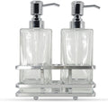 Square Glass Clear Lotion and Soap Pump Dispenser Set with Metal Stand Caddy for Bathroom Bath Kitchen Home Office Travel Hotel Hand Crafted Heavy Weight Chrome