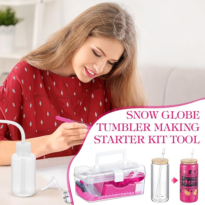 LemonRoad 15 Pcs Snow Globe DIY Tumbler Tool Kit Include Storage Box Squeeze Bottle Funnel Silicone Cup Cradle Measuring Cup Flashlight for Beginner Making Supplies Thanksgiving Day Gifts (Hot Pink)