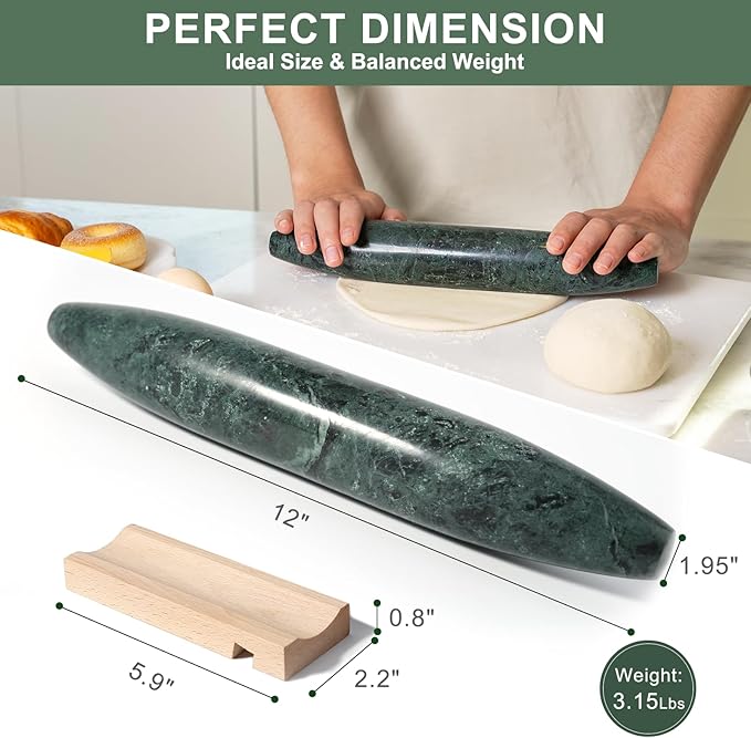 Natural Marble French Rolling Pin,12 inch Kitchen Baking Tool for Baking with Non-Stick Surface, Ideal as a Dough Roller for Pasta, Dumpling, Fondant, Pie, Bread, and Pizza