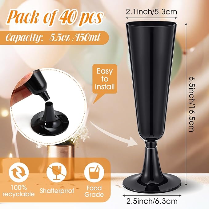 Domensi 200 Pack Black Champagne Flutes Bulk Plastic Disposable Champagne Glasses 5.5 oz Plastic Mimosa Glasses Wedding Cocktail Cups for Engagement Birthday Graduation Decor 2026 Party Supplies