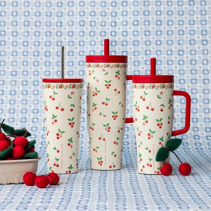Corkcicle Cruiser Insulated Tumbler - Stainless Steel Tumbler with Handle & Straw, Leak Proof for Cold Drinks, Triple Insulated, Spill Proof, Cupholder Friendly, BPA-Free - 40oz - Rifle Paper Cherries