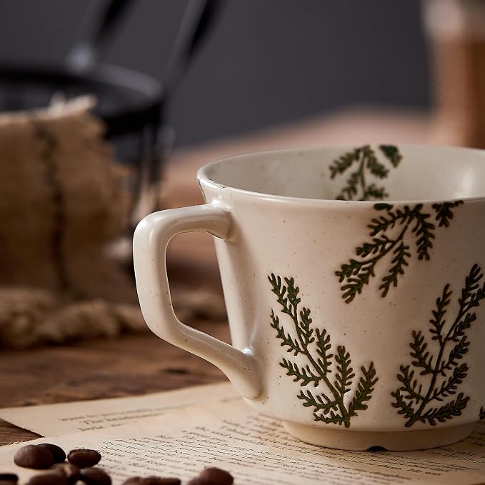 12 oz Vintage Ceramic Coffee Mug Set of 4 - Handmade Stoneware Pottery Countryside Farmhouse Fall Autumn Tea Mugs with Big Handle for Latte,Cocoa,Dishwasher & Microwave Safe Cups (Plants)