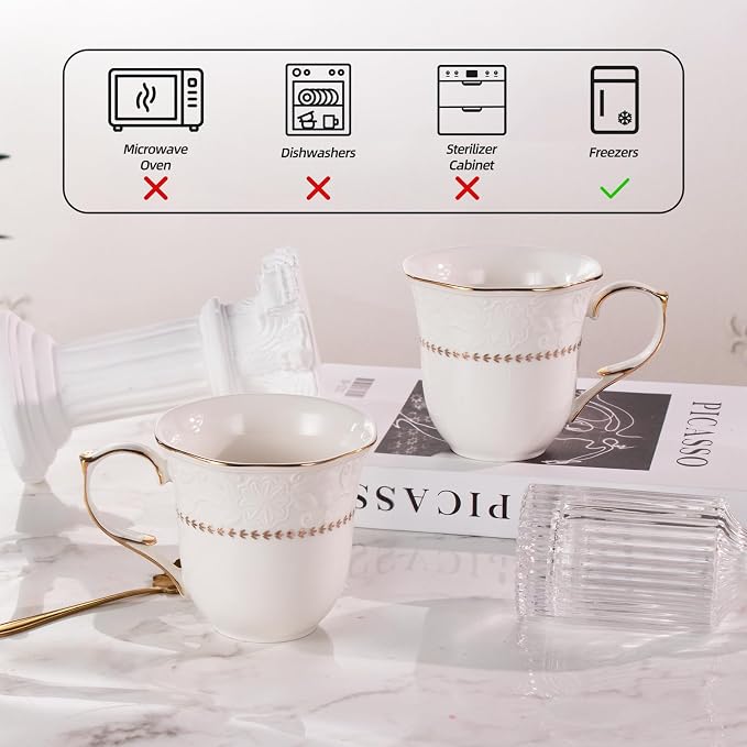 KAMMAK Ceramic Mug Set of 2, 10oz Porcelain Elegant Coffee and Tea Cups, Vintage Breakfast Mugs, Ideal for Birthday - Afternoon Tea & Housewarming Gifts (YFH21)