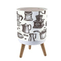Trash Can with Lid Vintage Coffee Brewing Utensils Hand Drawn Style Press Top Round Small Garbage Bin with Wooden Legs Waste Basket for Kitchen Bedroom Nursery 7L/1.8 Gallon