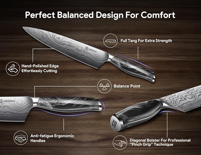 Knife Set for Kitchen 14 Pieces with Magnetic Block, German Razor Sharp High Carbon Stainless Steel Damascus Pattern, Full Tang Ergonomic Handle, Black Flowing Cloud Design