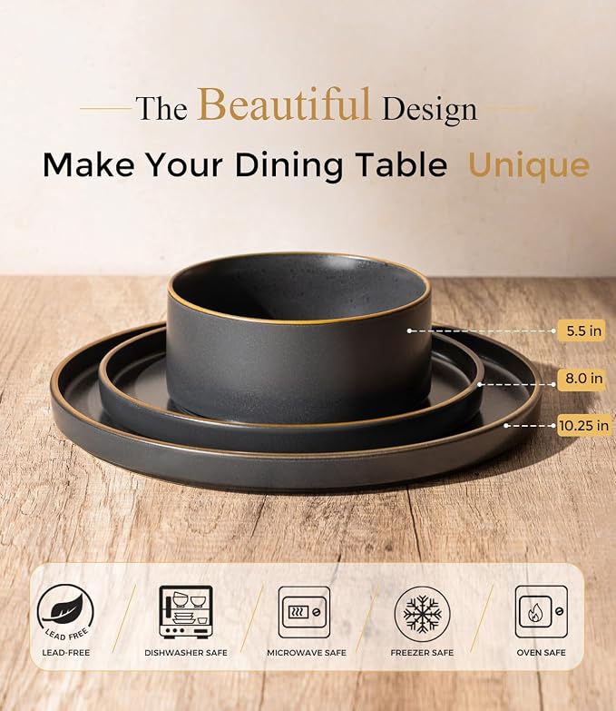 LERATIO Ceramic Dinnerware Sets for 4,Matte Stoneware Plates and Bowls Set, Chip and Crack Resistant | Oven & Dishwasher & Microwave Safe Dishes Set, Service for 4-Ashen Gold Rim