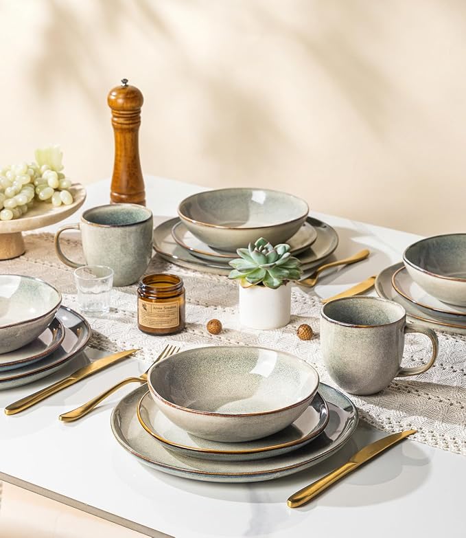 GBHOME Stoneware Dinnerware Sets for 6, 18 Pieces Rustic Earthenware Plates and Bowls Set, Handmade Reactive Glaze Ceramic Plate Sets, Chip Resistant Dishes, Microwave & Dishwasher Safe, Wheat Green
