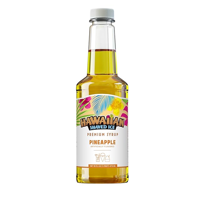 Hawaiian Shaved Ice Pineapple Syrup - Nut Soy Dairy Free - Flavor Fluffy & Crunchy Snow Cones - Shelf Stable - Makes 8 Servings - 16 ounces