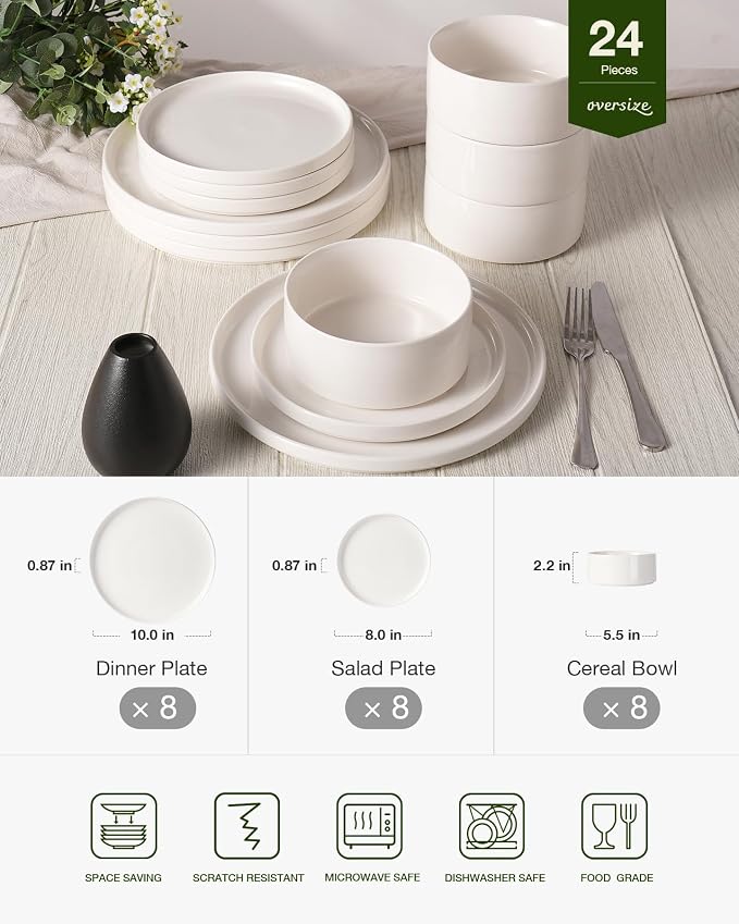 Famiware Porcelain Dinnerware Set, 24-Piece Modern Plate and Bowl Set, dish set for 8, Microwave and Dishwasher Safe Tableware, White