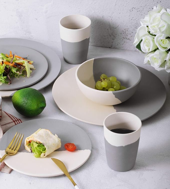 MORGIANA 8 pcs Bamboo Dinnerware Set Plates Bowls Sets, Camping Picnic Dishes Tableware Set for 2 (Grey & White)