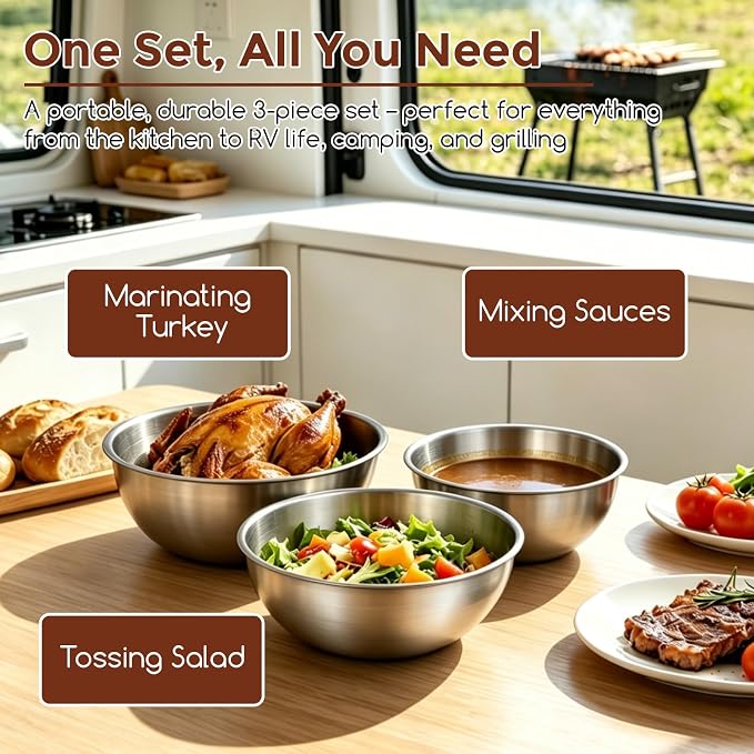 Gronivex 304 Stainless Steel Mixing Bowls, 3-Piece (1.5, 2.2 & 3.4 Qt) | Food-Grade Metal, Dishwasher safe，Stackable Nesting & Space-Saving – For Kitchen Baking, Salads, Meal Prep, RV & Camping