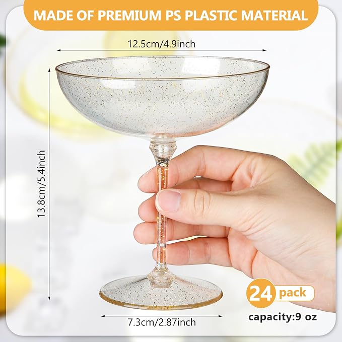 LemonRoad 24 Pcs Detachable Martini Glasses 9oz Disposable Plastic Coupe Cocktail Dessert Glassware Set for Champagne Wine Wedding Birthday Holiday Party Supplies (Transparent Gold Powder)