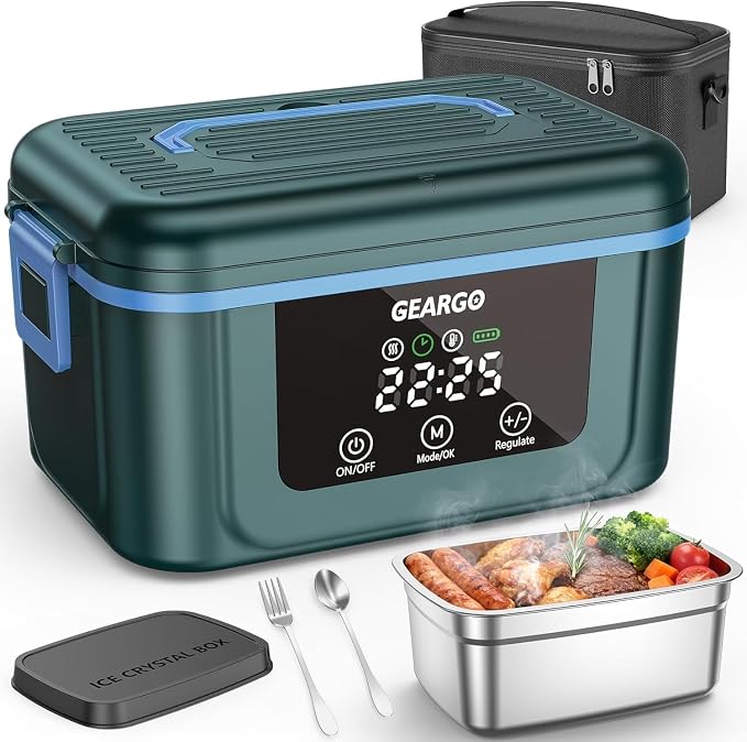 GEARGO 𝟐𝟎𝟐𝟔 Cordless Electric Lunch Box for Adults, 6.3 Cups & 24000mAh Rechargeable Heated Lunch Box with Ice Crystal Box, 24 Hours Scheduled Self Heating Lunchbox For Men Women(Blue)