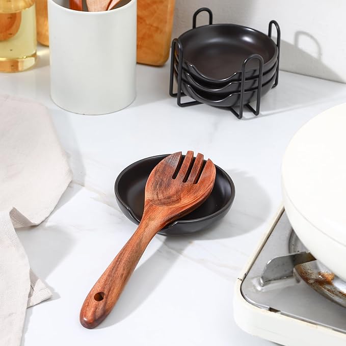 Selamica Ceramic Spoon Rest with Holder, 4.8 Inch Spoon Rest for Stove Top, Spoon Holder for Kitchen Counter, Coffee Spoon Holder, Utensil Rest for Cooking, Ladles, Tong, Set of 4, Black