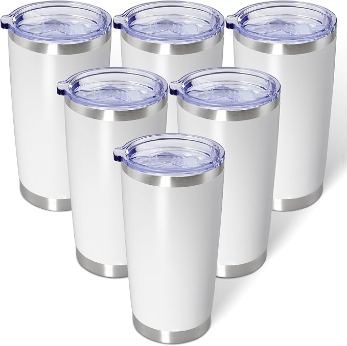 AIANJI 20oz Tumbler Bulk Stainless Steel Tumblers with Lid Vacuum Insulated Double Wall Travel Coffee Mug Powder Coated Tumbler Cup for Hot and Cold Drinks(White, 6 pack)