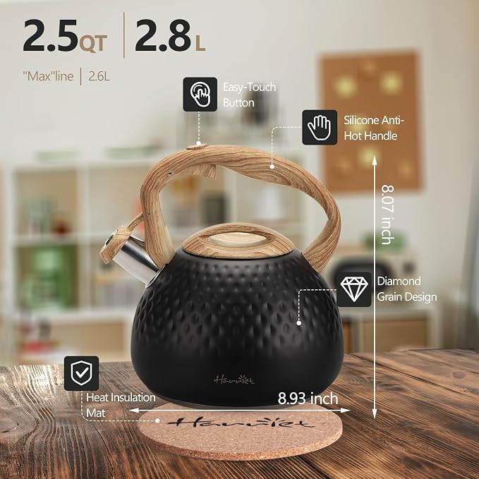 harriet Tea Kettle, Tea Pot for Stovetop, 2.5QT Whistling Kettle with 5-Layers bottom, Food Grade Stainless Steel Kettles with Hot-Resistant Handle Gas Electric Applicable, Black