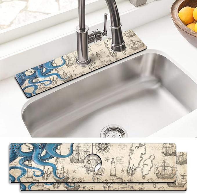 Sink Faucet Absorbing Mat, 2 Pack Drying Mat Around Faucet Sink Splash Guard Behind Faucet Sinkmat For Kitchen Bathroom Island Rv 24 * 5.5 Inch (60 * 14 cm)