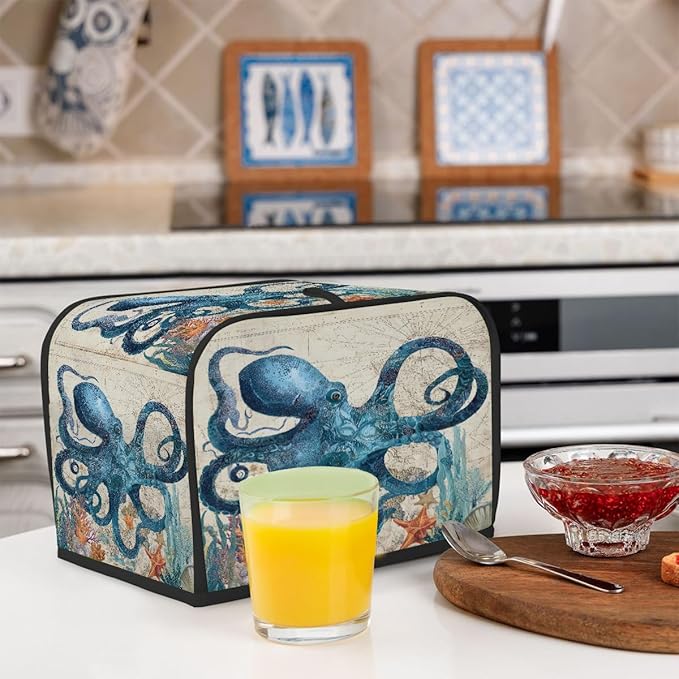 Retro Blue Octopus 2 Slice Toaster Cover Dust And Fingerprint Bread Maker Cover Bakeware Protector Washable Appliance Covers Kitchen Accessories For Home Kitchen Women Gift
