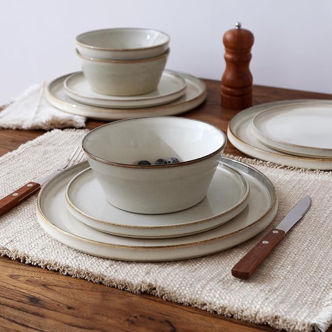 Famiware Annecy Dinner Plates and Bowls Sets, Stoneware Dinnerware Sets, Dishes Set for 6, 18 Pieces Handmade Dishware Set - Microwave & Dishwasher Safe, Double Reactive Glaze Tableware, Grey-White