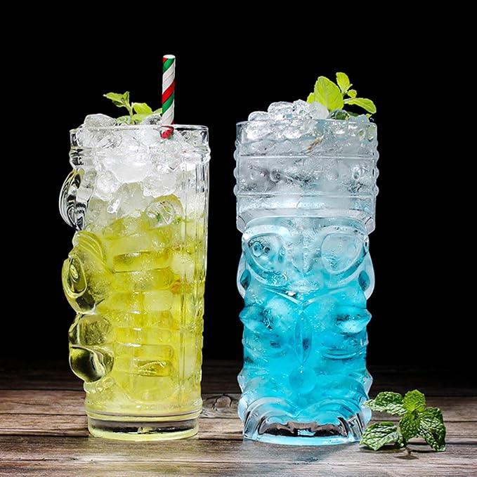 Tiki Glasses Set of 6 - 14 Oz Highball Glasses for Cocktails - Modern Clear Tropical Cups Tumbler Set - Mixed Drinking Glass for Hawaiian Bar Island Party Beverages Iced Tea