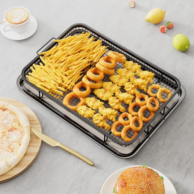 Air Fryer Basket for Oven, Large14.88"×10.98"Air Fryer Pans for Convection Oven with 30 Sheet Parchment Papers, THORSES Non-Stick Stainless Steel Air Fryer Basket and Tray for Multi Cooking - Black