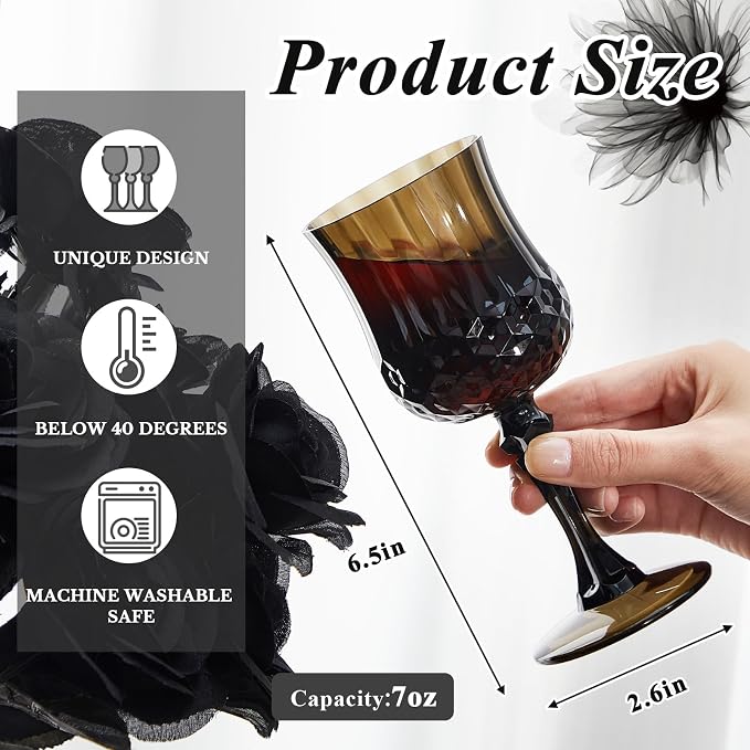 Pinkunn 50 Pcs 7 oz Plastic Vintage Wine Glasses Reusable Colored Goblets Patterned Drinking Water Glasses Cup Dishwasher Safe for Mother's Day Wedding Reception Party Supplies (Black)