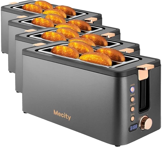 Mecity 4 Slice Toaster,Long Slot Toaster With Warming Rack,Timer,Bagel,Defrost,Reheat Functions,Crumb Tray,6 Browning Settings,Extra Wide Long Slots,Stainless Steel,1300W,Grey,(Pack of 4)