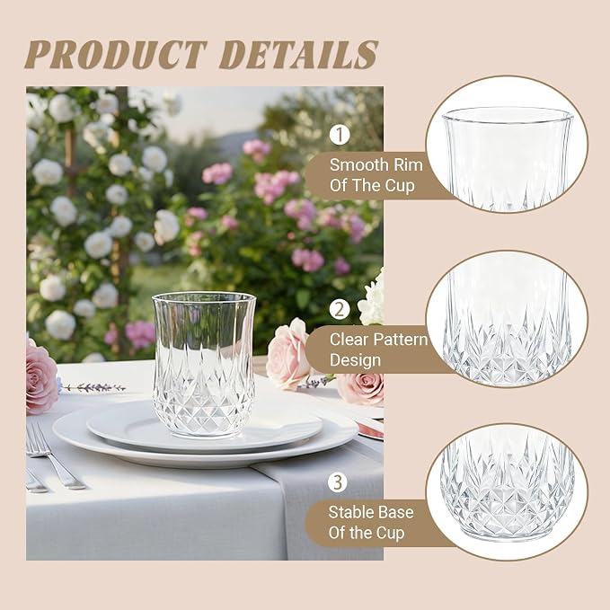 40 Pack Plastic Stemless Wine Glasses,12oz Unbreakable Vintage Elegant Drinking Glass Set,Reusable Fancy Cocktail Cups for Party, Wedding, and Bulk Events (40, 12oz-Transparent)