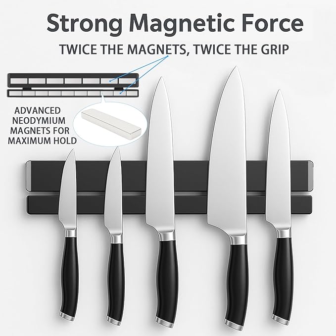 TOUKA 17 Inch Magnetic Knife Holder in Black, 304 Stainless Steel – Double Rods with 12 Hooks for Maximum Strength, No-Drill Adhesive & Screws for Easy Wall Mount