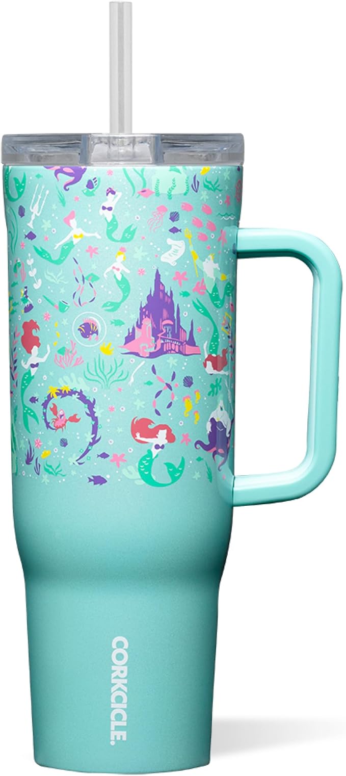 Corkcicle Cruiser Insulated Tumbler with Handle & Straw - Keeps Beverages Cold 20 Hours - Triple Insulated - Summer Drinkware Gift - Keeps Drinks Ice Cold - 40 oz - Princess Ariel