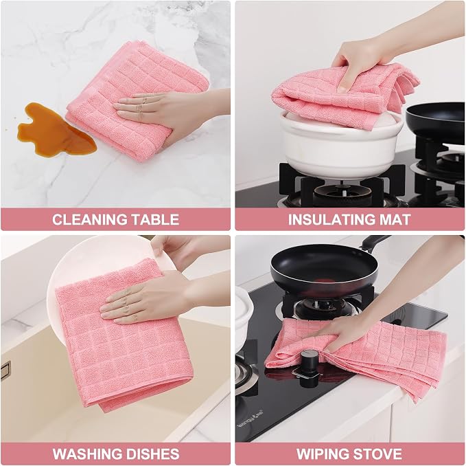 Homaxy Premium Cotton Kitchen Towels 16"x 28", Large Natural Ring Spun 390 GSM Dish Towels, Super Absorbent Terry Kitchen Hand Towels, Soft Tea Towels with Hanging Loop, Pure Pink Check Design, 4 Pack