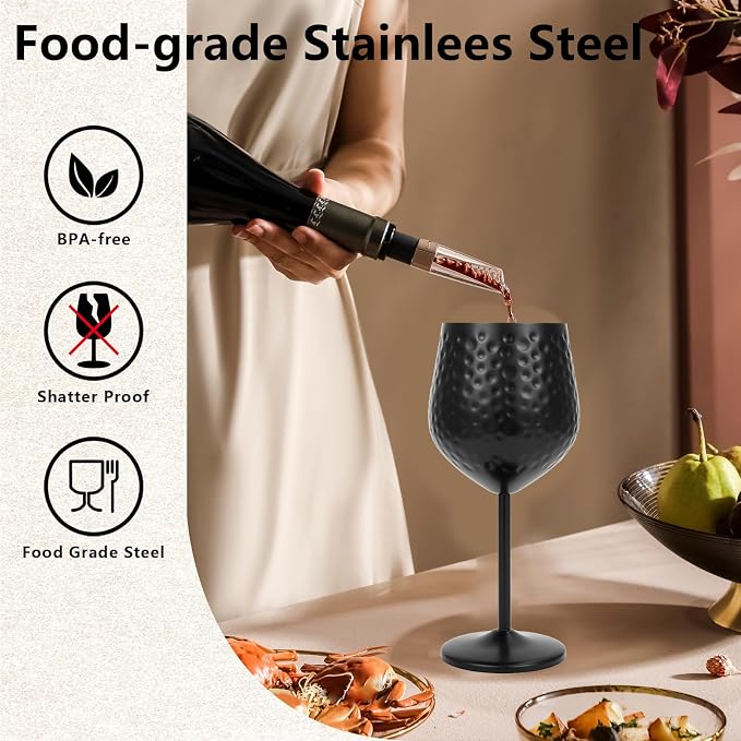 UNISWEET Stainless Steel Wine Glasses Set of 4 Unbreakable (Matte Black) | 17 oz Large-capacity Hammered Goblets, Lightweight & Reusable, Good for Outdoor, Camping, Pool Travel, Gift for Wine Lovers