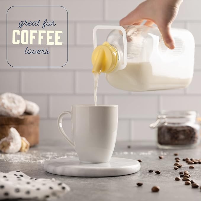 kitchentoolz 64 oz Glass Milk Bottles with Pour Spouts and Tamper-Proof Caps – Half Gallon Containers – 2 Pack – Made in USA