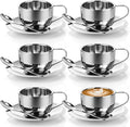 6 Pack Stainless Steel Coffee Cups Set, 6oz Insulated Espresso Cups with Spoon and Saucer, Double Walled Coffee Mugs for Latte, Tea, Milk, Cappuccino