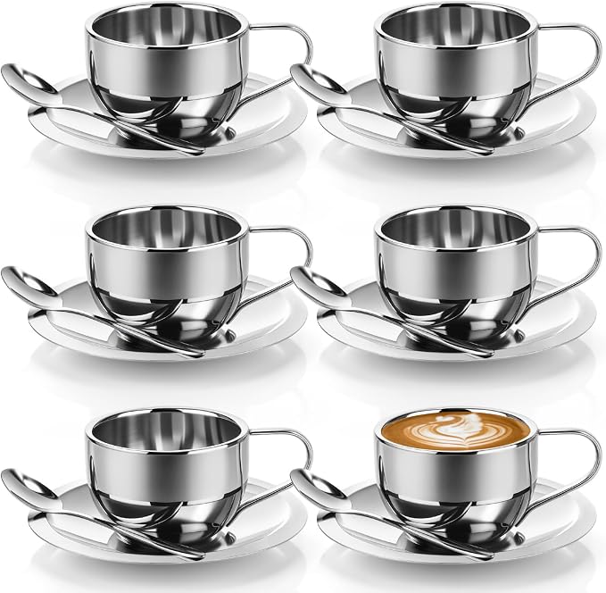 6 Pack Stainless Steel Coffee Cups Set, 6oz Insulated Espresso Cups with Spoon and Saucer, Double Walled Coffee Mugs for Latte, Tea, Milk, Cappuccino