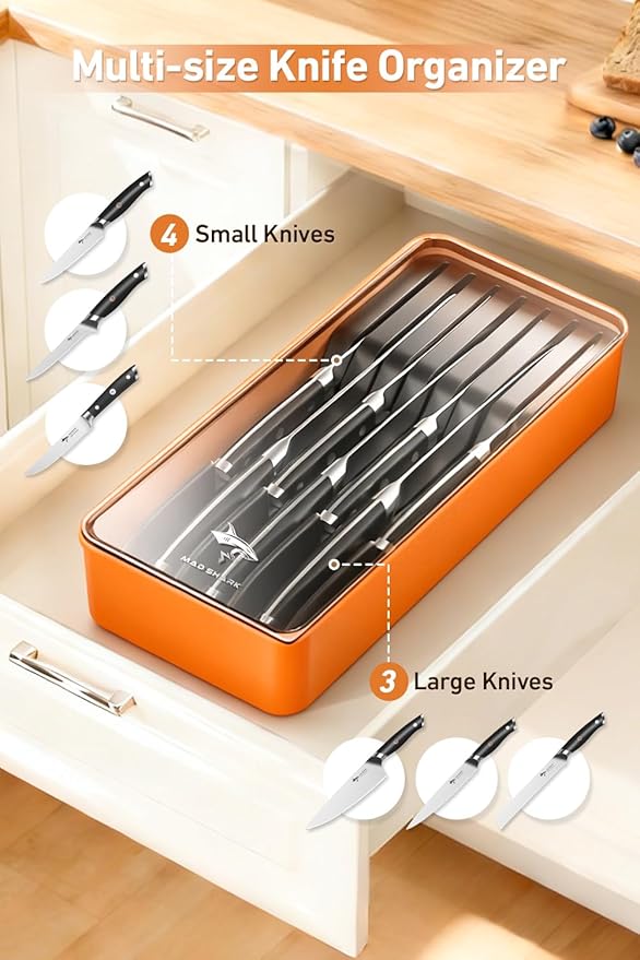 MAD SHARK 2-in-1 Detachable Knife Block & Silverware Organizer, Drawer Knife Holder for 7 Knives, BPA-Free, Blade-Safe Slots, Save Counter Space, Kitchen Drawer or Counter Storage, No Knives