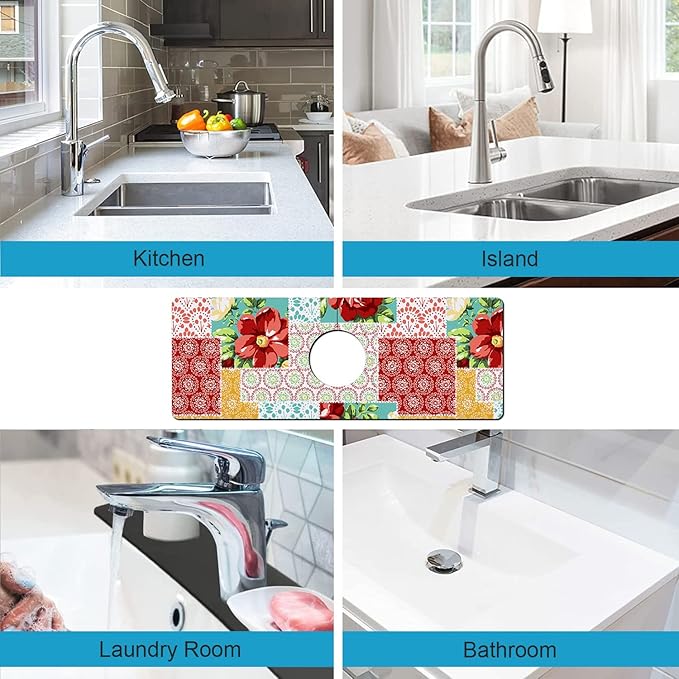 Kitchen Sink Splash Guard Faucet Mat Super Absorbent Fast Drying Mat Sink Gadgets Splash Guard Behind Faucet Drip Catcher for Kitchen (Boho Trellis, 15x5.5in)