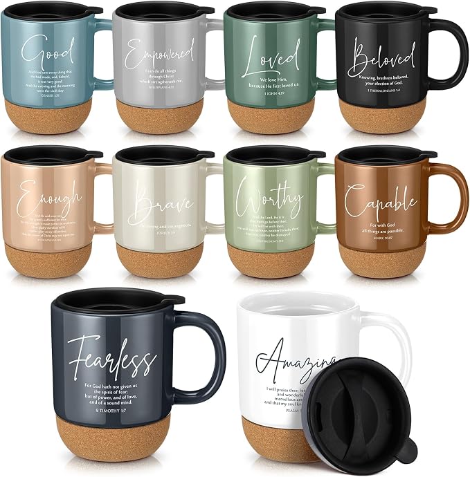 Didaey 10 Pcs Christian Coffee Mugs Gifts for Men Fathers Day Church Women Bulk 15 oz Bible Verses Religious Inspirational Cups with Cork Bottom for Study Group Coworker Sunday School Teacher Gifts