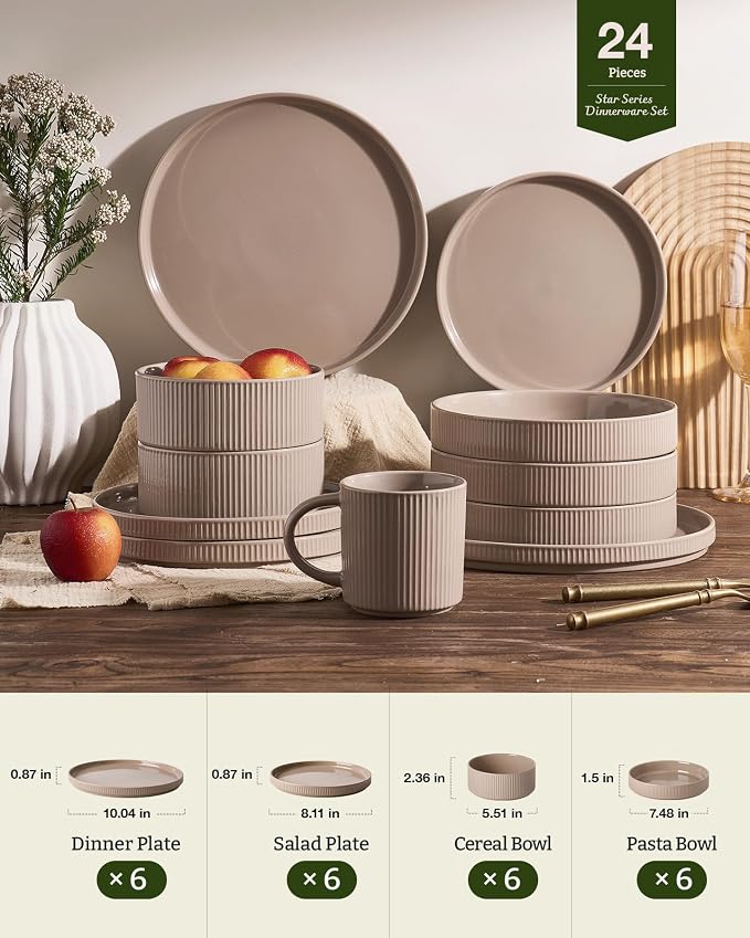 Famiware Star 24-Piece Stoneware Dinnerware Set for 6 – Shallow Pasta Bowls & Flat Plates – Modern Rustic Dishes, Everyday & Formal Use – Chip & Scratch Resistant, Microwave & Dishwasher Safe, Brown