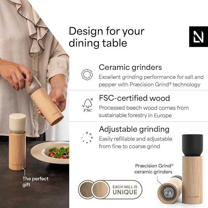 LARS NYSØM Wooden Salt and Pepper Grinder Set Manual - Salt and Pepper Mills with Adjustable Ceramic Grinder - Elegant Beechwood Pepper and Salt Mill Set for Dining Table (Carbon Black)