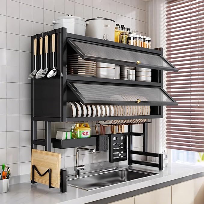 Over Sink Dish Drying Rack 2 Tier Stainless Steel Dish Drainer with Cover and Utensil Holders Large Capacity Space Saving Kitchen Organizer