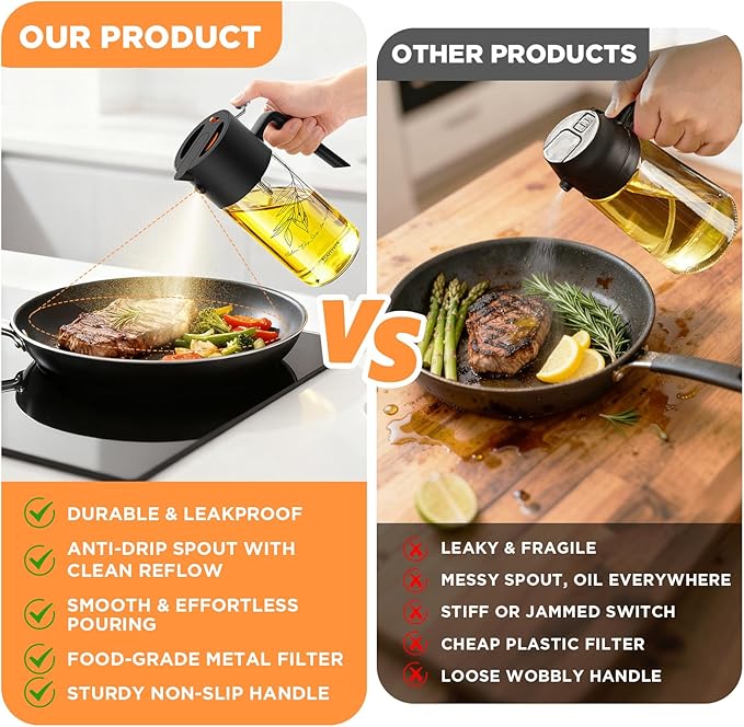 PLAPITATE 17oz/500ml Premium Olive Oil Sprayer for Cooking, 2 in 1 Glass Olive Oil Dispenser Bottle for Kitchen Gadgets, Spray Bottle with Portion Control for Salad, Frying, BBQ (Black)
