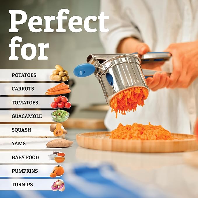 PriorityChef Large 15oz Potato Ricer With 3 Discs, Heavy Duty Stainless Steel Potato Ricer for Mashed Potatoes, Potato Masher, Press and Ricer Kitchen Tool, Blue
