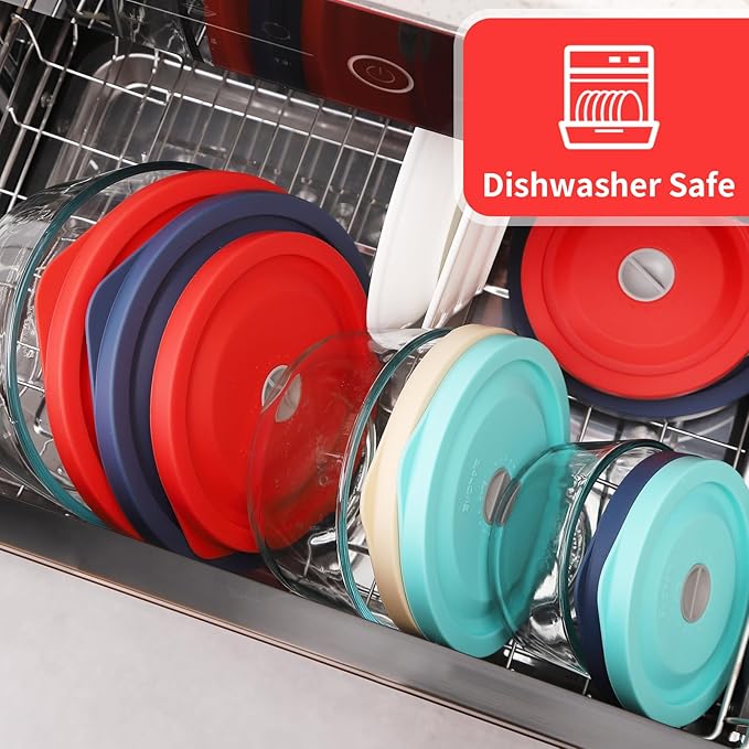 Replacement Lids for Pyrex 7200-PC 2 Cup and 7201-PC 4 Cup and 7402-PC 6/7 Cup, Silicone Round Storage Cover Lid for Anchor Hocking Glass Bowl 6 Pack Red